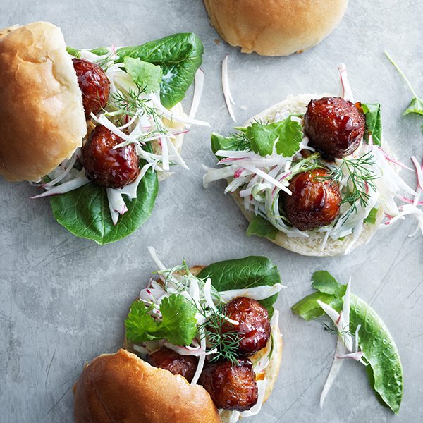 Sweet and sour glazed chicken meatball sliders